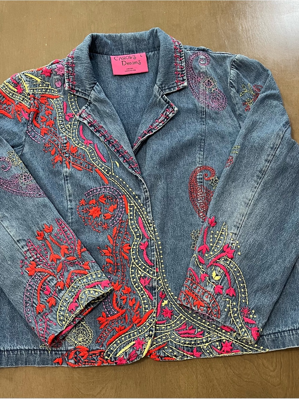 Vintage Embroidered Denim Jacket Blazer with colorful Pink & Red Paisley size L